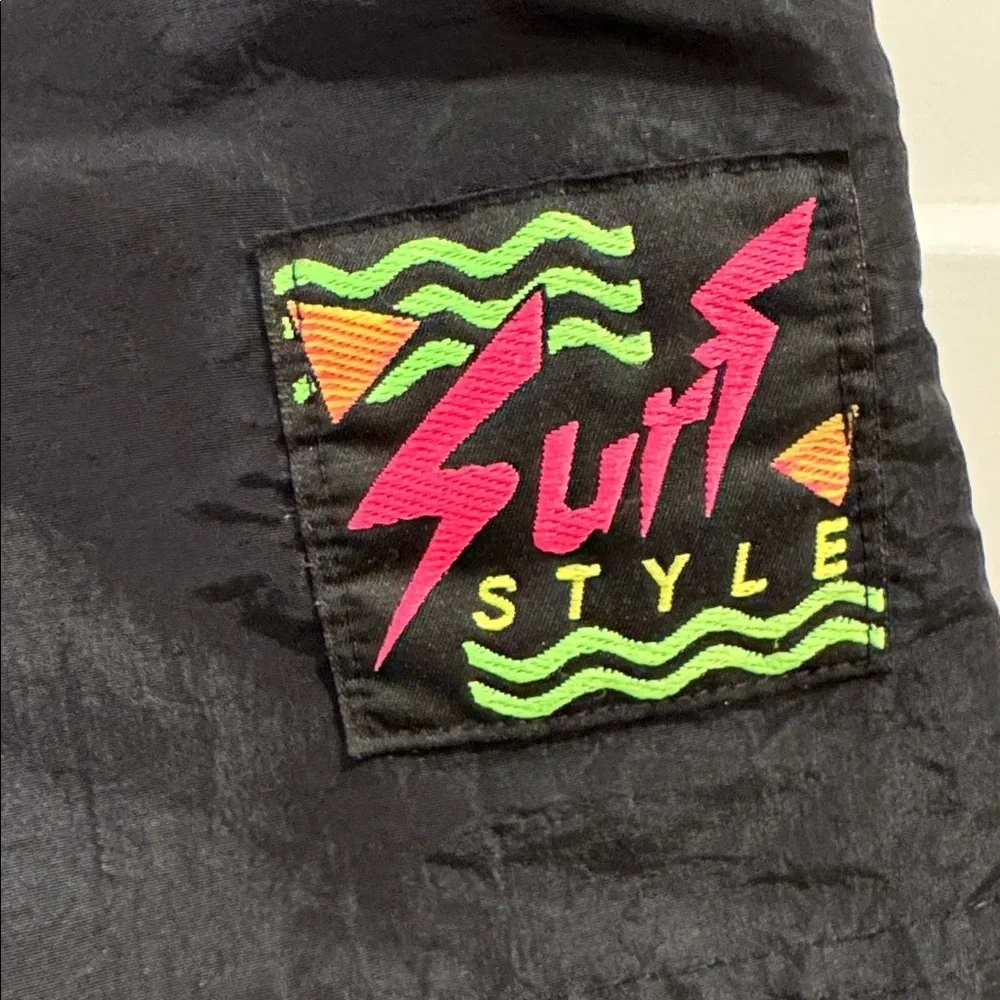 Vintage Surf Style Shorts, Black with Neon Logo, Size Small - Picture 2 of 6